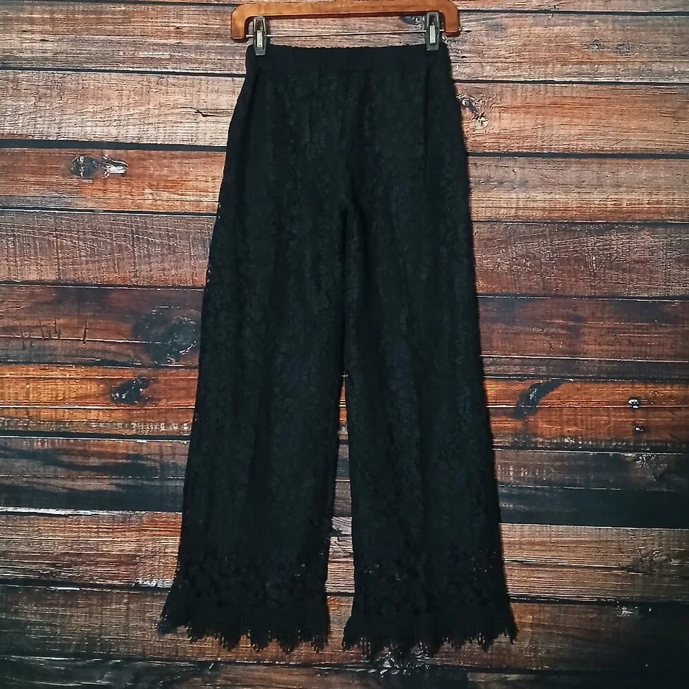 NWT SMF Pants M Black Lace Wide Leg Ankle Fringe Pockets Made in Portugal